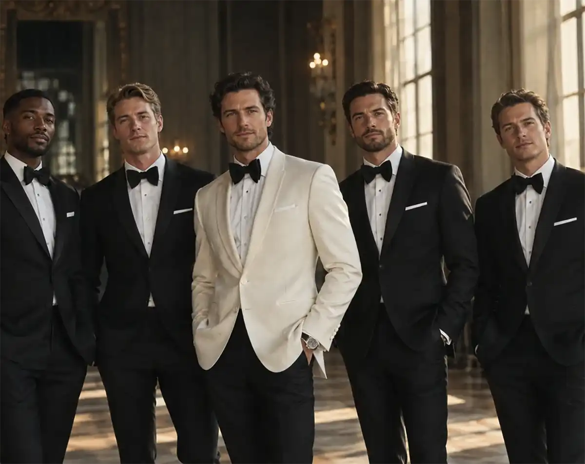 Five groomsmen in tuxedos and bow ties in a grand ballroom