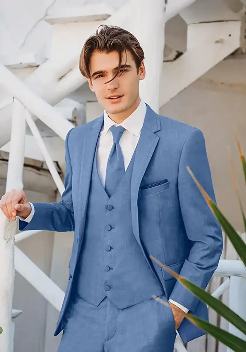 Cornflower Brunswick three-piece suit with matching vest and tie