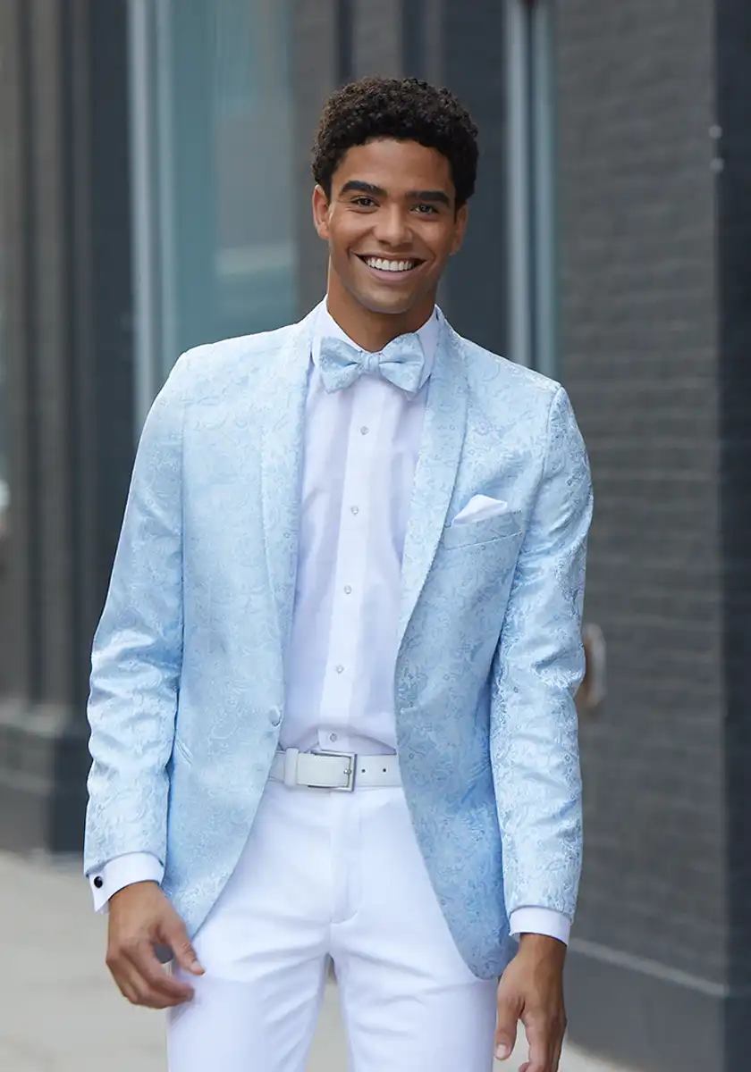Aries Wedgewood light blue paisley shawl-lapel tuxedo jacket with white pants